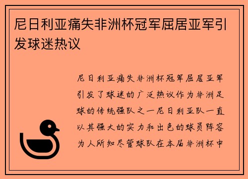 尼日利亚痛失非洲杯冠军屈居亚军引发球迷热议 尼日利亚痛失非洲杯冠军屈居亚军引发球迷热议
